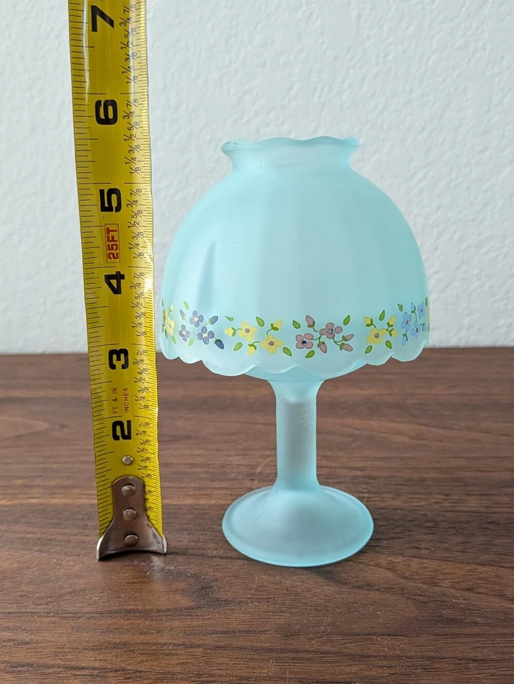 Vtg Frosted Blue Floral Pedestal Scallped Fairy Lamp Made lnTaiwan Cottagecore